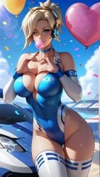ai_generated balloon balloons bare_shoulders belly_button blonde_hair breasts car choker cleavage clouds collarbone day daytime detailed female female_focus female_only focus gum headphones headset heart_hands hourglass_figure leotard long_sleeves looking_at_viewer medium_breasts mercy one_eye_closed overwatch overwatch_2 seducing seduction seductive seductive_body seductive_eyes seductive_gaze seductive_look seductive_mouth seductive_pose shiny shiny_breasts shiny_clothes shiny_skin sky4maleja standing thick_thighs tight_clothes tight_clothing