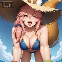 ai_generated bikini bikini_top fate/grand_order fate_(series) fox_ears fox_girl fox_tail summer tamamo_(fate) tamamo_no_mae_(fate) touchfluffytails yellow_eyes