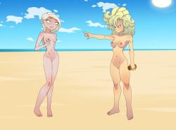 2girls anoneysnufftan arrest ayla beach big_hair blonde_hair breasts chrono_trigger clenched_teeth confrontation humiliation imminent_death killer_lotion long_hair lotion_bottle mirage_(the_incredibles) multiple_girls nipples nude one_arm_up peril pointing scared silver_hair small_breasts summer the_incredibles turquoise_eyes