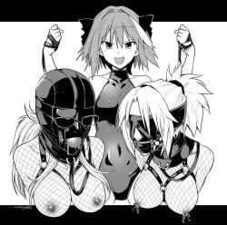 1boy 1femboy 2girls astolfo_(fate) ball_gag black_and_white blindfold bondage bondage_hood breasts celenike_icecoll_yggdmillenia collar dominant_femboy dominant_male drooling eudetenis fate/apocrypha fate/grand_order fate_(series) femboy femboydom fishnet_bodysuit fishnet_shirt fishnets gag gagged glasses greyscale hair_ribbon holding_leash large_breasts leash leotard looking_at_viewer male monochrome mordred_(fate) nipple_clamps nipples o-ring o-ring_harness panel_gag ponytail see-through_clothing sensory_deprivation sex_slave short_hair slave small_breasts