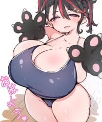 ariduka_formica bare_shoulders black_hair blush breasts bursting_breasts cameltoe cleavage gloves hair_between_eyes hair_ornament hairclip heart huge_breasts indie_virtual_youtuber ioxat japanese_text multicolored_hair one-piece_swimsuit paw_gloves purple_eyes red_hair short_hair shortstack spoken_heart swimsuit thick_thighs thighs twintails two-tone_hair virtual_ant_channel virtual_youtuber