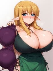 ai_generated big_breasts blonde_hair blue_eyes blush blush_lines breasts breasts_bigger_than_head dress elf elf_ears elf_female elf_girl elves gigantic_breasts green_dress hi_res high_resolution highres holding holding_bra holding_object hollowbeak huge_breasts long_hair oil presenting_bra shiny shiny_hair shiny_skin sweat sweatdrop sweating sweaty tagme tiffania_westwood zero_no_tsukaima