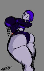 1girls alternate_ass_size alternate_body_type alternate_breast_size artist_logo ass_bigger_than_head big_ass big_breasts blue_hair breasts breasts_bigger_than_head dc dc_comics female female_only fully_clothed grey_skin huge_ass huge_breasts looking_back looking_back_at_self raven_(dc) solo teen_titans tight_clothes tight_clothing zommbay