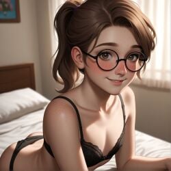 1boy 1femboy above_view ai_generated ass bed bedroom blush bra brown_eyes brown_hair bushy_eyebrows cute cute_expression emily_(lpyxel) femboy flat_chest flat_chested freckles freckles_on_face from_above girly glasses highres lace_bra lpyxel male_only no_nude non_nude original original_character panties ponytail round_glasses self_upload sfw shy shy_smile sissy smile thick_eyebrows viewed_from_above