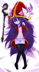 animal_ears blush cute green_eyes hat league_of_legends long_hair looking_at_viewer lulu_the_fae_sorceress panties pettanko purple_hair purple_skin riot_games rod stockings thighhighs yordle