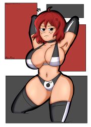 1girls ahoge anger_vein armpits arms_behind_head arms_up black_eyes black_legwear blush elbow_gloves female freckles gasketxbaskets gloves kim_pine kneeling legwear red_hair scott_pilgrim short_hair solo solo_female stockings striped_underwear thighhighs underwear