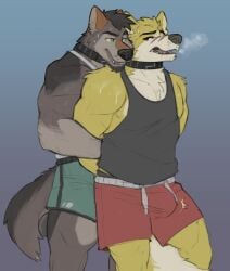 anthro bodily_fluids breath bulge canid canine canis clothing collar cooper_krager duo hands_behind_back hi_res horrorbuns male male/male mammal patsy_(remember_the_flowers) remember_the_flowers scar shirt sweat tail tank_top topwear wolf wrestling