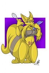 anthro bottomless clothes female female_only front_view fur holding kadabra kneeling pokemon solo spoon tail