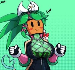 1girls anthro blaster_master busty busty_female green_body huge_breasts kanna_(blaster_master) plant_girl plant_humanoid tail thighs watermelon_bra