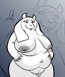 big_areola big_belly big_breasts boss_monster deep_navel floppy_ears holding_belly horns naked pussy smiling snifflah thick_thighs toriel undertale white_fur