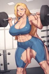 1boy 1futa ai_generated anal anal_sex balls blonde_hair bottomless futa_on_futa futa_sans_pussy futanari futanari_penetrated gym gym_clothes light-skinned_futanari light_skin male_on_futa penis sports_bra toned toned_body