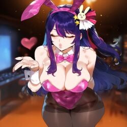 ai_generated blowing_kiss bunny_girl bunnysuit cleavage closed_eyes creamy_ai curvy hoshino_ai large_breasts oshi_no_ko pantyhose puckered_lips purple_hair thick_thighs wide_hips