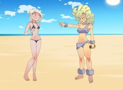 2girls anoneysnufftan arrest ayla beach big_hair bikini blonde_hair chrono_trigger confrontation fur_bikini humiliation imminent_death killer_lotion long_hair lotion_bottle mirage_(the_incredibles) multiple_girls one_arm_up peril pointing scared silver_hair summer swimsuit the_incredibles turquoise_eyes