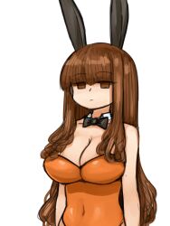 alternate_breast_size bare_shoulders big_breasts breasts brown_eyes brown_hair bunny_ears cleavage expressionless fake_animal_ears fate/extra fate_(series) kishinami_hakuno_(female) large_breasts leotard long_hair navel neutral_expression steamingtofu type-moon white_background