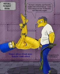 20th_century_studios accurate_art_style bondage bound color female gag gagged human male marge_simpson moe_szyslak nipples restrained straight tagme the_simpsons wrists_to_ankles yellow_body yellow_skin