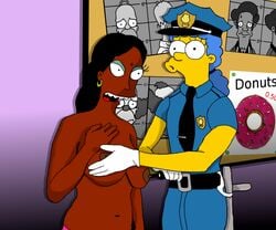 bindi blue_hair breasts brown_skin claudia-r clothes color dark-skinned_female dark_skin female female_only hair hat human indian indian_female indoors interracial manjula_nahasapeemapetilon marge_simpson multiple_females multiple_girls nipples piercing the_simpsons topless yellow_skin yuri