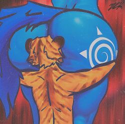 anthro ass big_butt blue_body canid canine digital_media_(artwork) duo face_in_ass felid female fox huge_butt krystal male male/female mammal nintendo orange_body pantherine rear_view size_difference star_fox stripes tail tattoo tiger zack_(zak898) zak898