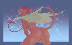 ass athletic athletic_humanoid athletic_male backsack balls blushing_yokai curled_hair demon ear_piercing feathered_wings feathers genitals hair horn humanoid looking_at_viewer looking_back male orange_hair perineum piercing rear_view red_body red_hair short_hair solo spade_tail tail white_wings wings