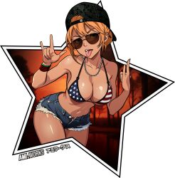 1girls american_flag_bikini amiworks bikini_top blonde_hair bracelet breasts brown-tinted_eyewear cleavage devil_horns_(gesture) female female_only grand_theft_auto_vi hat hi_res large_breasts looking_at_viewer mud_girl_(gta_vi) navel necklace open_mouth shorts solo sunglasses tinted_eyewear tongue tongue_out