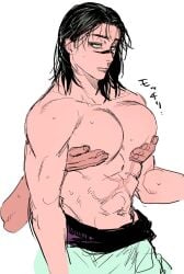 1boy anonymous_character big_breasts big_pecs black_hair breast_grab choso_kamo groping groping_breasts groping_from_behind groping_pecs hair_down hand_on_breast hand_on_chest jujutsu_kaisen looking_away moobs muscular muscular_male offscreen_character pushing_breasts_up scar scar_on_stomach shirtless tagme uoru1_juju