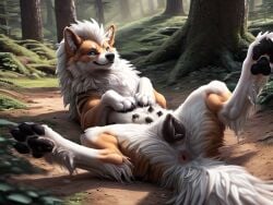ai_generated anatomically_correct animal_genitalia animal_pussy anus arcanine blue_eyes canine_pussy claws detailed detailed_anus detailed_background detailed_eyes detailed_fur detailed_pussy feathering female feral fluffy fluffy_tail forest forest_path fur generation_1_pokemon genitals glistening glistening_genitalia looking_at_viewer lying multi_nipple multicolored_body multicolored_fur nipples on_back on_ground orange_body orange_fur pawpads paws plant pokemon_(species) polar_(director) presenting presenting_pussy pussy rear_view smile solo spread_legs spreading striped_body striped_fur stripes tree white_body white_fur