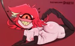 1_eye ass big_butt blush breasts cyclops demon demon_humanoid dialogue fangs female female_only femsub flat_chest flat_chested hair happy happy_female happy_sub hazbin_hotel hi_res humanoid leash looking_at_viewer mostly_nude niffty nipples open_mouth open_smile red_hair simple_background small_breasts smaller_female smile solo spageta teeth thick_thighs white_body