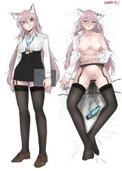 absurdres after_masturbation animal_ears bags_under_eyes bar_censor black_skirt black_thighhighs blush breasts brown_footwear cat_ears censored closed_eyes closed_mouth collarbone collared_shirt commentary dated dildo female female_pubic_hair full_body garter_belt girls'_frontline hair_between_eyes high-waist_skirt highres holding holding_tablet_pc lanyard long_hair long_sleeves looking_at_viewer lying medium_breasts multiple_views naked_shirt navel nipples no_shoes on_back panties parted_lips persica_(girls'_frontline) pink_hair pubic_hair pussy_juice pussy_juice_on_fingers radish_p red_eyes see-through see-through_thighhighs sex_toy shirt shoes side-tie_panties simple_background skirt sleeping stained_panties standing sweat tablet_pc thighhighs underwear unworn_panties very_long_hair white_shirt zettai_ryouiki