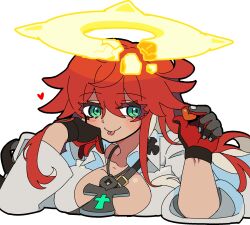 :p cleavage guilty_gear halo heart jack-o'_valentine kekeken_(9vsqgrq7v2wnvby) large_breasts multicolored_hair red_hair sticking_out_tongue white_hair