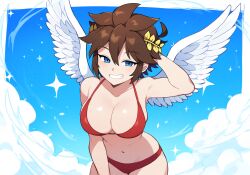 1girls ai_generated angel angel_wings bikini female female_only genderswap_(mtf) grin kid_icarus large_breasts nintendo pit_(kid_icarus) red_bikini rule_63 spiked_hair