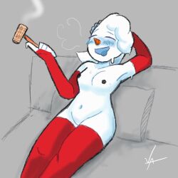 1girls breasts female heydarkverdant nude pipe smoking snowwoman_(capy_diem) stockings tagme