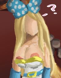 blonde_hair blue_bow faceless faceless_character gloves haven_hollow miitopia nipple_slip no_face popstar(miitopia) straight_hair unaware