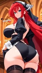 ai_generated ass ass_focus blue_eyes boosterred99 close-up from_behind from_behind_position high_school_dxd large_breasts legs long_hair long_sleeves navel nun nun_habit nun_hat nun_outfit perfect_body pony_diffusion_xl red_hair rias_gremory seductive_smile thick_thighs thighhighs voluptuous