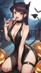 ai_generated big_ass black_hair brown_eyes clothed demon_girl female halloween horns komi_shouko lollipop medium_breasts night pumpkin solo succubus