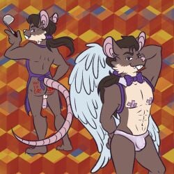 anthro apron apron_only asaltyrat badbitch_bidoof body_writing clothing hi_res male mammal murid murine pasties pinup pose rat rodent solo thong underwear