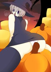 ass ass_focus blush breath clothed femboy fully_clothed gray_hair halloween male male_focus male_only masturbating masturbation panties public pumpkin slime_scheme thick_ass thick_thighs totsuka_saika witch witch_hat