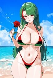 ai_generated azur_lane beach bikini blush curvaceous curvy curvy_body curvy_female curvy_figure green_nails large_ass large_breasts littorio_(azur_lane) looking_at_viewer looking_pleasured ocean pan-african_flag_bikini rose rose_(flower) smile smiling smiling_at_viewer swimsuit water