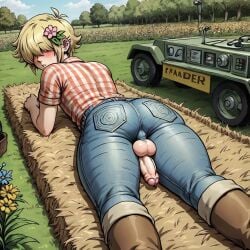 ai_generated basil_(omori) big_ass big_butt blonde_hair blowjob car eyes_covered farmer femboy flower front_view hair_over_eyes imminent_sex male male_only omori oral sissy smile tagme thick_ass thick_thighs tractor yaoi