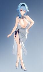 ai_generated blue_hair breasts dress eula_(genshin_impact) genshin_impact high_heels large_ass looking_at_viewer outcyli731 purple_eyes sideboob white_dress