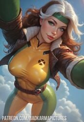 1girls ai_generated athletic_female badkarmastudio belt big_breasts blush bodysuit brown_hair female female_only green_eyes headband jacket looking_at_viewer marvel marvel_comics patreon_username rogue_(x-men) self_upload skin_tight smile solo solo_focus white_hair x-men