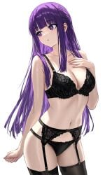 black_bra black_panties black_socks bra fern_(sousou_no_frieren) lingerie panties purple_eyes purple_hair slim_body socks sousou_no_frieren thigh_socks thighhighs