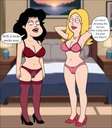 american_dad bedroom big_breasts black_hair blonde_hair bra brown_hair brunette_hair cameltoe dialogue erect_nipples francine_smith gender_bender high_heels lingerie panties rule_63 sexfightfun stan_smith stan_smith_(genderswap) stockings transformation tsf yuri