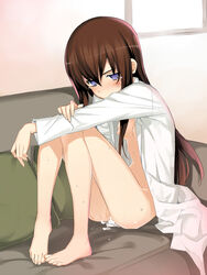 after_sex bare_legs barefoot blue_eyes blush bottomless breasts brown_hair couch cum cum_in_pussy cumdrip feet female labcoat long_hair makise_kurisu naked_labcoat namonashi nipples pillow purple_eyes sitting small_breasts solo steins;gate sweat tears