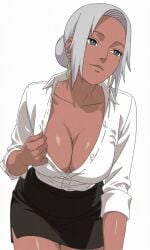 1girls bangs bare_chest bare_legs bare_shoulders bare_thighs big_breasts black_skirt bra breasts brown_skin busty center_opening cleavage collarbone curvaceous curvy curvy_body curvy_female curvy_figure cute cute_face dark-skinned_female dark_skin female female_only green_eyes hair_bun kiripetals large_breasts long_hair long_sleeves mabui mature mature_female megane miniskirt mommy naruto naruto_(series) naruto_shippuden office office_lady open_clothes open_shirt oppai pencil_skirt petite pinup plain_background revealing_clothes rimless_eyewear rimless_glasses secretary seducing seduction seductive seductive_body seductive_gaze seductive_look seductive_mouth seductive_pose seductive_smile sexy sexy_body sexy_female shiny shiny_hair shiny_skin shirt_tucked_in simple_background skimpy skimpy_clothes skirt smooth_skin solo solo_focus teal_eyes thighs tied_hair undressing upper_body voluptuous voluptuous_female white_background white_hair white_skirt wide_hips wide_sleeves