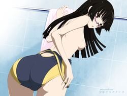 ass big_ass black_hair blush breasts brown_eyes chiaki_kurihara female glasses highres hime_cut long_hair looking_back miniskirt_pirates nipples one-piece_swimsuit open_mouth shounen_democratica solo swimsuit towel undressing