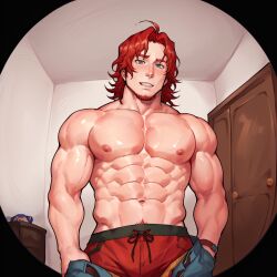 1boy ai_generated bara bedroom gay kimi_ga_shine male male_focus male_only muscles pecs q-taro_burgerberg spying undressing undressing_self your_turn_to_die yttd