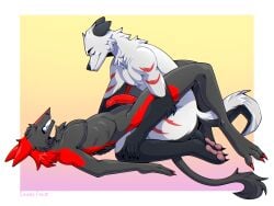 4:3 anal anthro biped bukmar canid canine clenched_teeth closed_eyes duo erection from_front_position fur genitals grey_body grey_fur hi_res lying male male/male mammal missionary_position nude on_back paws penis red_body red_fur red_penis sairusfrost sergal sex simple_background tail teeth white_body white_fur