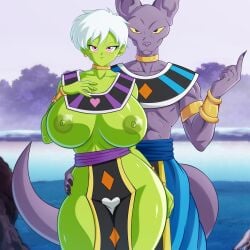 1boy 1girls alien alien_girl beerus blush cheelai curvy_figure dragon_ball dragon_ball_super exposed_nipples felid feline_humanoid god_of_destruction_(cosplay) goddess goddess_of_destruction green-skinned_female green_skin huge_breasts humanoid looking_at_viewer nipples partially_clothed purple_body soul-z white_hair