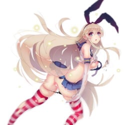 ass black_panties blonde_hair blush breasts elbow_gloves female gloves hair_ornament highres kantai_collection long_hair looking_at_viewer nipples open_mouth panties pussy_juice qin shimakaze_(kantai_collection) simple_background skirt solo striped striped_legwear tears thighhighs torn_clothes torn_gloves torn_legwear underwear white_gloves