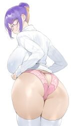 1girls ass_focus blush byeon_dha closed_mouth female female_only from_behind glasses hololive hololive_indonesia hololive_indonesia_area_15 large_ass light-skinned_female light_skin lipstick looking_back moona_hoshinova panties pout solo sweater thighhighs virtual_youtuber white_sweater