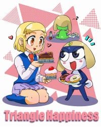 2boys angol_mois blonde_hair cake dark_skin doughnut female food gyaru hair_ornament hairclip heart keroro keroro_gunsou multiple_boys school_uniform tamama